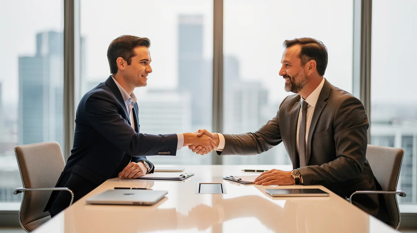 The image depicts two business professionals shaking hands across a conference table, symbolizing a successful business transaction. This moment reflects the importance of working with experienced business brokers to navigate the selling process and maximize the value of a Michigan business.